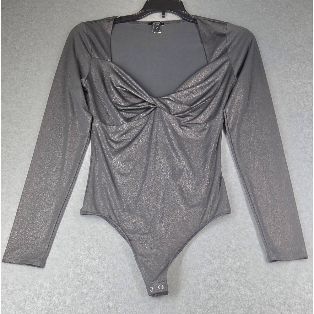 Express Body Contour Metallic Shimmer Twist Front Bodysuit Charcoal Grey XS